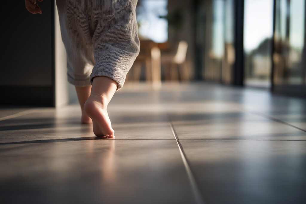 Child with bare feet on tile floor